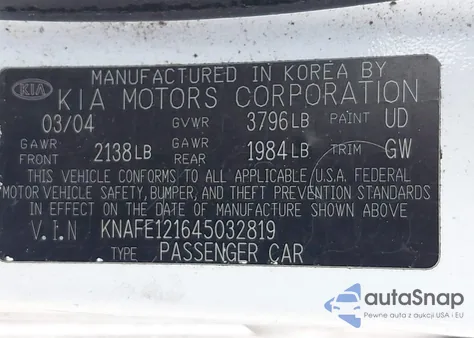 2004 Kia Spectra Ex/Lx from USA, damaged, VIN KNAFE121645032819